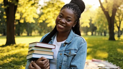 smiling african american female student holding stack of books in green park. happy woman with braids standing outdoors. education, university and knowledge concept. back to school campaign, brochure.