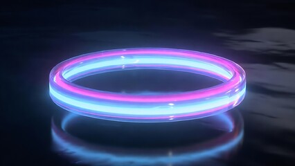 Ultra-realistic glowing neon ring floating in a dark futuristic space, emitting vibrant cyan, magenta, and blue light with cinematic reflections.