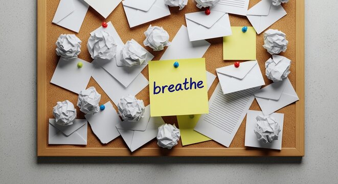 Corkboard with crumpled paper, notes, and 'breathe' reminder