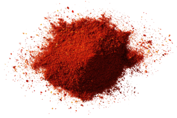 Vibrant red powder with speckles, isolated on black background