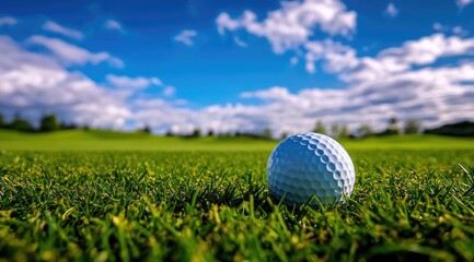 Fototapeta premium Golf ball on green fairway, sunny day (4)
