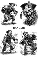 Chinese Jiangshi Hopping Vampire Figures in Vintage Engraving Style Transparent Background