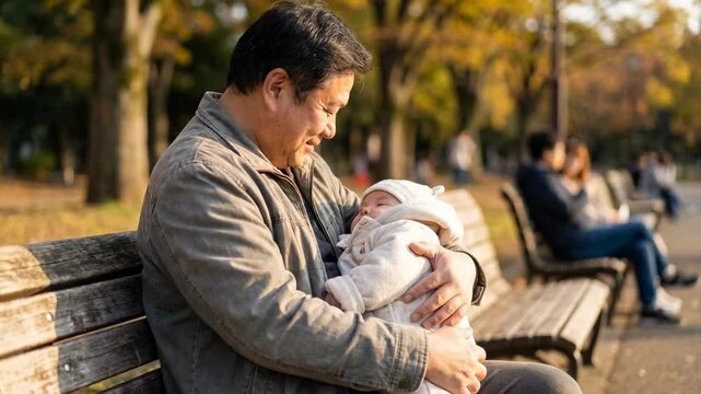 A tender moment of fatherhood: A devoted father gazes lovingly at his newborn, cradled gently in his arms. The park scene is filled with a sense of peace and warmth.