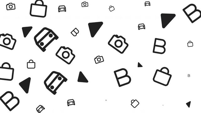 Pattern of random black icons including cameras, triangles, and briefcases on white background graphic design, flat style, abstract digital illustration