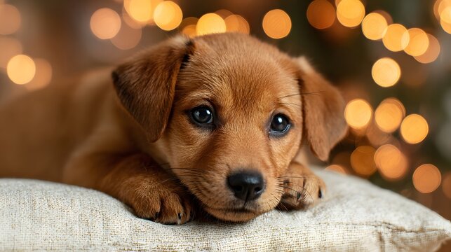 Adorable brown puppy rests its chin on a textured cushion with warm background lights