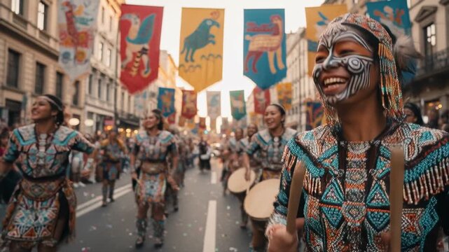 A captivating street performance unfolds, showcasing vibrant cultural artistry and lively music, with elaborately adorned individuals joyfully marching and celebrating.
