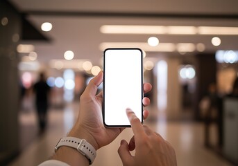 Close up of hands holding a smartphone with a blank screen in a busy shopping mall with bokeh lights