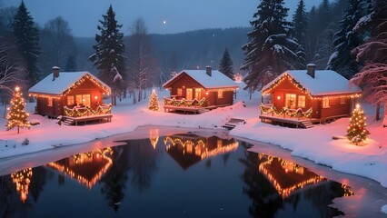 Obraz premium Cozy illuminated cabins reflected in a winter lake at dusk