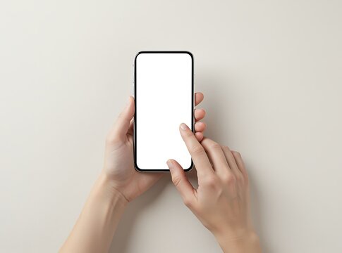 Close up of hands holding a modern smartphone with a blank white screen, ready for use and mockups