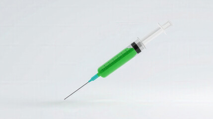 3D render of a medical syringe with a needle containing bright green serum or vaccine. Concept of antidote, vitamin injection or virology isolated on white.