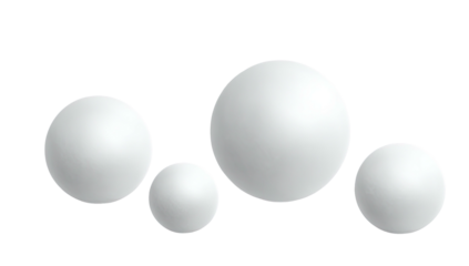 Four white spheres of varying sizes against a black background