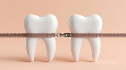 Creative 3D illustration of two teeth connected by a zipper. Metaphor for dental bridge, gap closure, orthodontics or surgery on beige background.