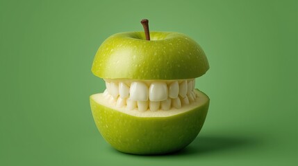 Creative surreal illustration of a fresh green apple with human teeth inside. Concept of healthy nutrition, strong bite and dental care.