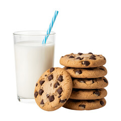 Glass of milk with a blue straw and chocolate chip cookies isolated on transparent background