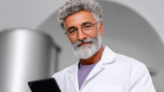 Senior man with gray hair and beard wearing glasses and a lab coat smiles while holding a tablet. Healthcare professional concept.