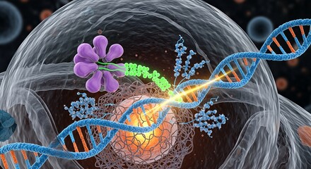 Advanced gene editing technology manipulating a DNA double helix inside a cell nucleus.