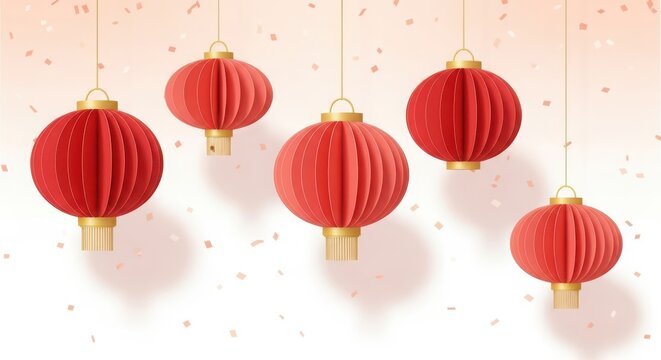 Red chinese lanterns hanging with confetti, traditional new year decor