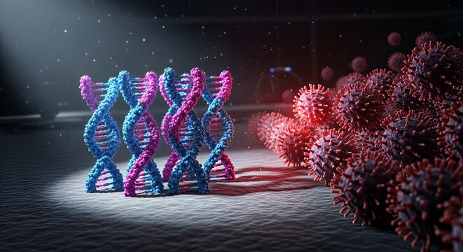 Conceptual 3D rendering of viral infection attacking human DNA strands.