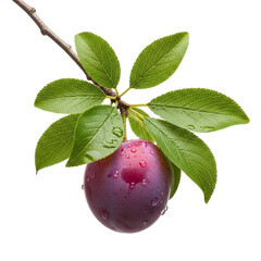 one ripe plum on abranch with green leave on a black on transparent background