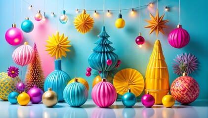 Colorful modern Christmas ornaments and trees on turquoise background