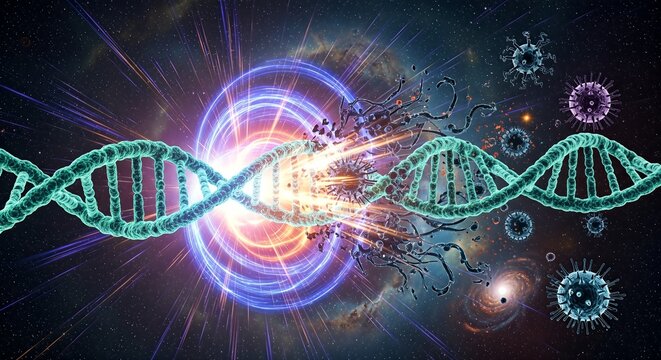 Futuristic concept of DNA mutation and genetic engineering with viral particles.