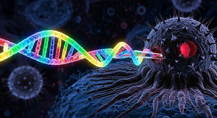 Scientific illustration of a colorful DNA helix and a virus cell.
