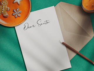 Letter to Santa placed on a table surrounded by Christmas cookies, festive holiday scene, cozy and creative Christmas concept, suitable for greeting cards, social media posts, seasonal advertising
