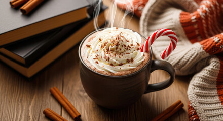 Delicious Hot Chocolate Topped with Whipped Cream and Spices for Christmas.