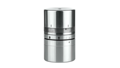Metallic cylinder device with adjustable dials and concentric bands, sleek, reflective surfaces