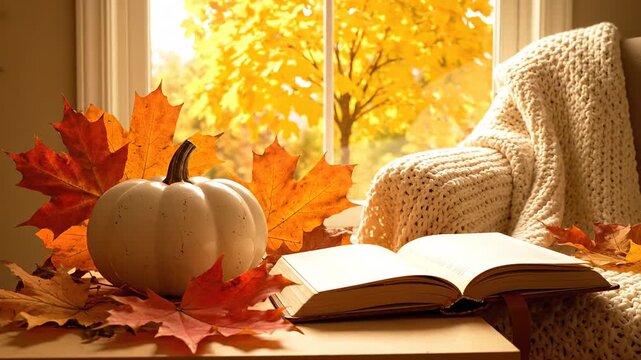 Serene autumn setting contains an open book, a white gourd, and vibrant maple leaves placed beside a comfortable chair with a lovely view of the changing leaves of fall