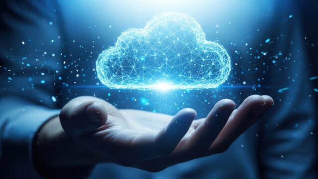 Hand holding glowing polygonal cloud network symbolizing secure digital data connection
