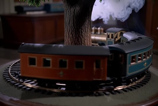 A miniature steam train chugging along a circular track with simulated smoke effect in a room view