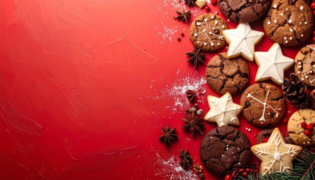 Weihnachtspl&auml;tzchen mit Glasur auf einem roten Hintergrund mit Platz f&uuml;r eigenen Text