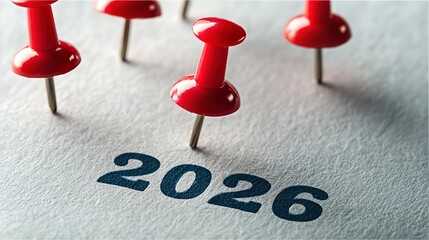 Red Push Pins Highlighting the Year 2026 on a Textured Paper Background