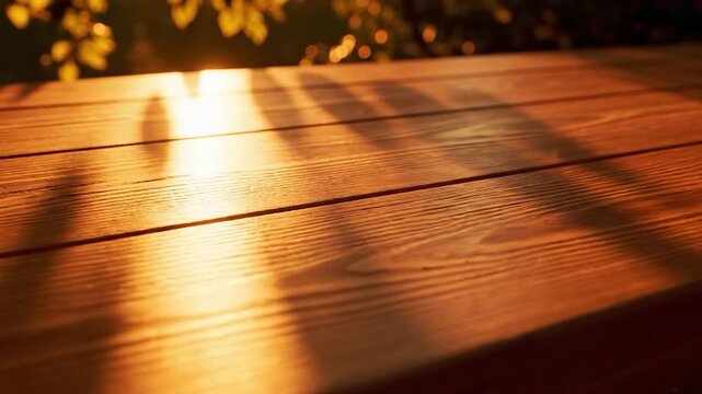 Warm sunlight and leaf shadows on a rustic wooden table surface