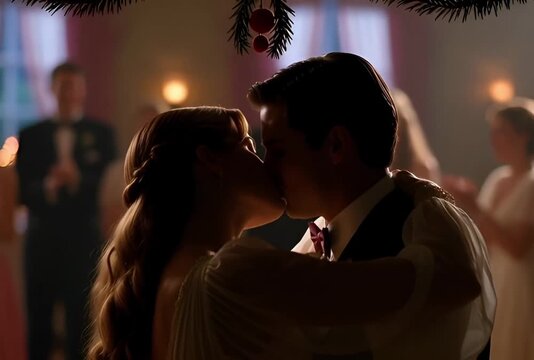 Couple kissing under mistletoe at party with blurred guests in background in warm lighting scene