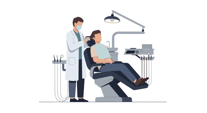 A flat 2D illustration depicting a dentist in a uniform performing a dental check-up on a patient seated in a dental chair under a bright examination lamp