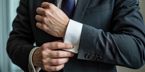 Closeup of a businessman adjusting his cuff links, showcasing attention to detail and professional style