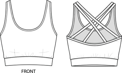 Women's strappy sports bra technical drawing, vector illustration showing front and back views, scoop neckline, crisscross details, and elastic hem for activewear design templates.