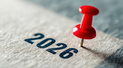 Red Pushpin on Paper with Year 2026 Highlighted for Event Planning or Reminder Purpose
