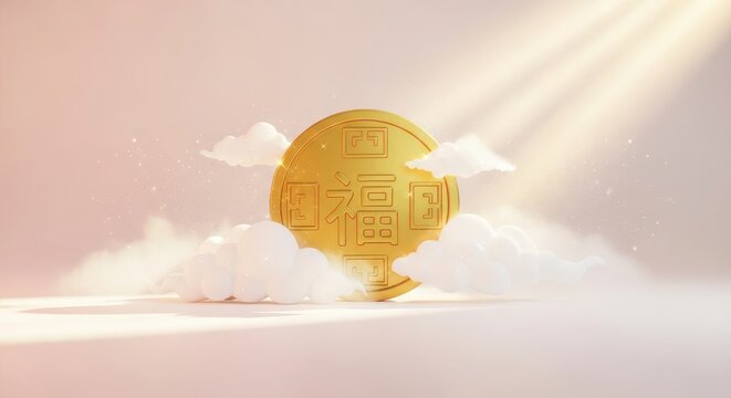 Golden sphere with icons and clouds under divine light rays