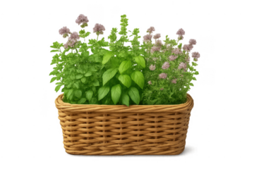 Fresh herbs growing in wicker basket, transparent background