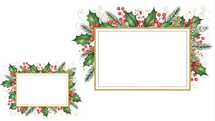 Watercolor Christmas Floral Frames with Holly Leaves, Red Berries, Pine Branches and Gold Glitter Borders