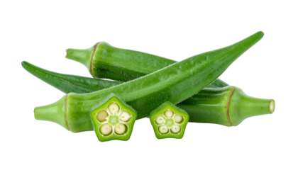Close-up studio shot of a pile of fresh green okra pods, some cut to reveal seeds