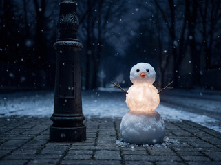 Glowing snowman on snowy street at night with falling snow