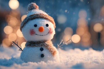 Charming winter holiday snowman in snow filled landscape with soft glow festive winter wonderland setting snowman on the snow