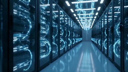 A long, futuristic data center server room corridor with racks reflecting abstract glowing blue DNA structures, symbolizing bio-tech data processing. - Powered by Adobe