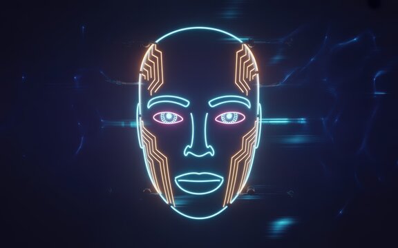 Front view of a neon glowing robotic human face with circuit patterns on a dark blue background, symbolizing artificial intelligence and futuristic technology