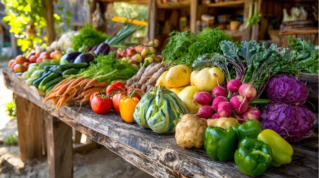 Abundant fresh harvest of colorful organic produce displayed attractively on a rustic wooden surface outdoors