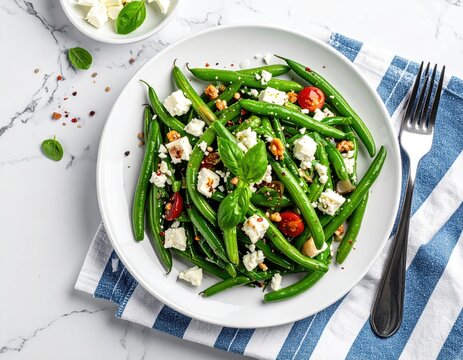 Fresh green bean salad with feta and tomatoes on a plate